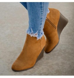 Women's Low Wedge Heel Booties Side Zipper Suede Boots Chelsea Dress Ankle Booties Thick Heel Round Toe Shoes 001abrown $16.4...