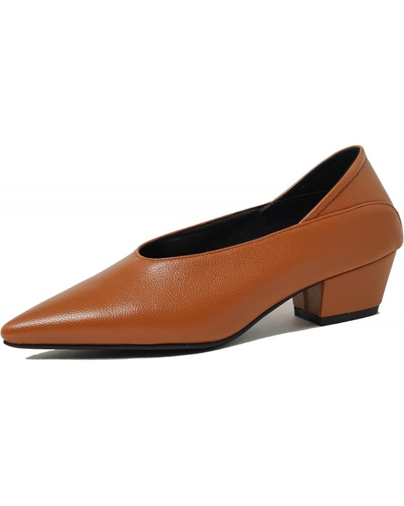 Women Pointed Toe Evening Block Mid Heels Shoes Stylish Brown $34.56 Pumps