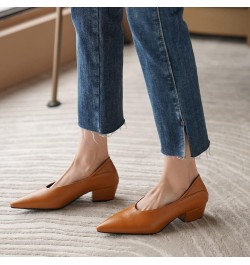 Women Pointed Toe Evening Block Mid Heels Shoes Stylish Brown $34.56 Pumps