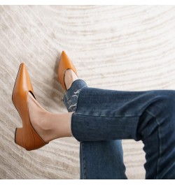 Women Pointed Toe Evening Block Mid Heels Shoes Stylish Brown $34.56 Pumps