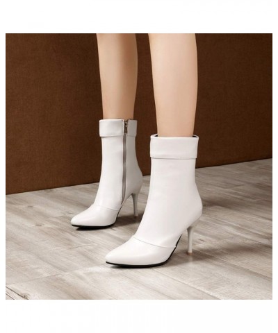 Women Solid Color Stiletto Ankle Boots with Pointed Toe and Side Zip White $28.30 Boots