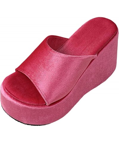 Women's Cork Shoes Ladies Fashion Summer Solid Color Suede Open Toe Thick Sole Slope Heel Slippers (Hot Pink, 6.5) Hot Pink 7...