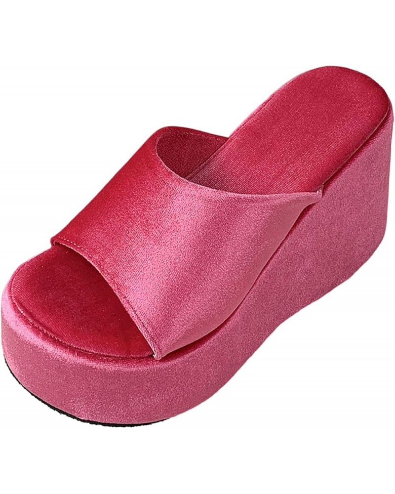 Women's Cork Shoes Ladies Fashion Summer Solid Color Suede Open Toe Thick Sole Slope Heel Slippers (Hot Pink, 6.5) Hot Pink 7...