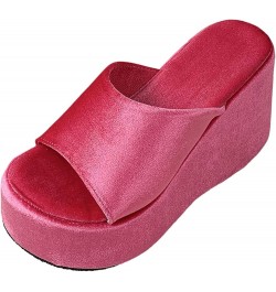 Women's Cork Shoes Ladies Fashion Summer Solid Color Suede Open Toe Thick Sole Slope Heel Slippers (Hot Pink, 6.5) Hot Pink 7...