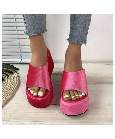 Women's Cork Shoes Ladies Fashion Summer Solid Color Suede Open Toe Thick Sole Slope Heel Slippers (Hot Pink, 6.5) Hot Pink 7...