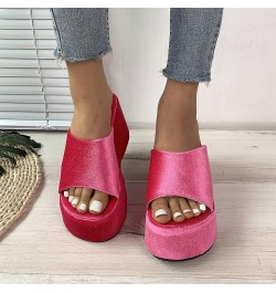 Women's Cork Shoes Ladies Fashion Summer Solid Color Suede Open Toe Thick Sole Slope Heel Slippers (Hot Pink, 6.5) Hot Pink 7...