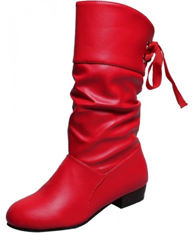 Knee High Boots Women Tie Bow Thick Mid Up Heel Pleated Back Heeled Short Booties Lace up Waterproof Winter A Red $19.88 Boots