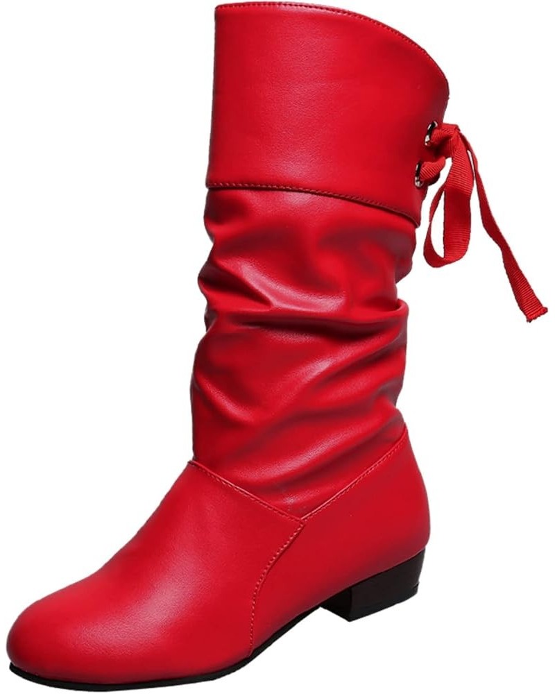 Knee High Boots Women Tie Bow Thick Mid Up Heel Pleated Back Heeled Short Booties Lace up Waterproof Winter A Red $19.88 Boots