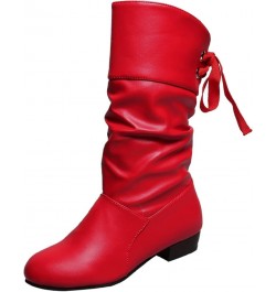 Knee High Boots Women Tie Bow Thick Mid Up Heel Pleated Back Heeled Short Booties Lace up Waterproof Winter A Red $19.88 Boots