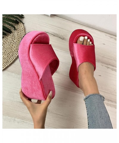 Women's Cork Shoes Ladies Fashion Summer Solid Color Suede Open Toe Thick Sole Slope Heel Slippers (Hot Pink, 6.5) Hot Pink 7...