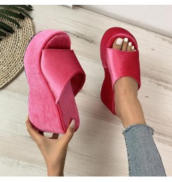 Women's Cork Shoes Ladies Fashion Summer Solid Color Suede Open Toe Thick Sole Slope Heel Slippers (Hot Pink, 6.5) Hot Pink 7...