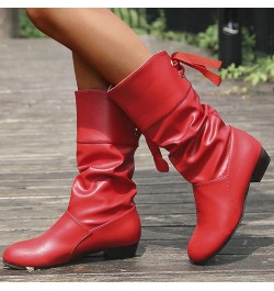 Knee High Boots Women Tie Bow Thick Mid Up Heel Pleated Back Heeled Short Booties Lace up Waterproof Winter A Red $19.88 Boots