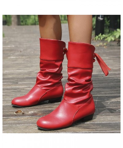 Knee High Boots Women Tie Bow Thick Mid Up Heel Pleated Back Heeled Short Booties Lace up Waterproof Winter A Red $19.88 Boots