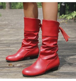 Knee High Boots Women Tie Bow Thick Mid Up Heel Pleated Back Heeled Short Booties Lace up Waterproof Winter A Red $19.88 Boots