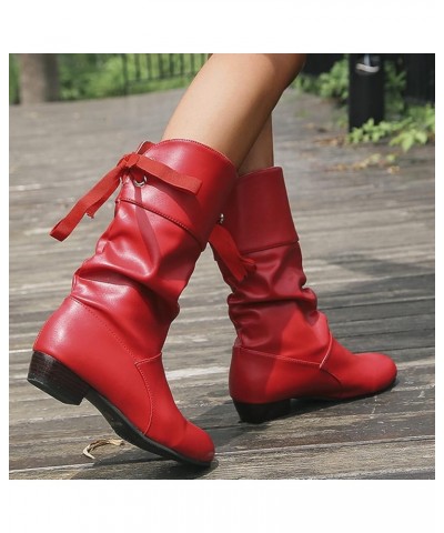 Knee High Boots Women Tie Bow Thick Mid Up Heel Pleated Back Heeled Short Booties Lace up Waterproof Winter A Red $19.88 Boots