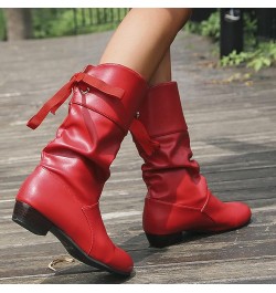 Knee High Boots Women Tie Bow Thick Mid Up Heel Pleated Back Heeled Short Booties Lace up Waterproof Winter A Red $19.88 Boots