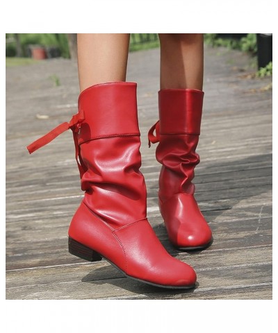 Knee High Boots Women Tie Bow Thick Mid Up Heel Pleated Back Heeled Short Booties Lace up Waterproof Winter A Red $19.88 Boots