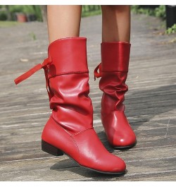 Knee High Boots Women Tie Bow Thick Mid Up Heel Pleated Back Heeled Short Booties Lace up Waterproof Winter A Red $19.88 Boots