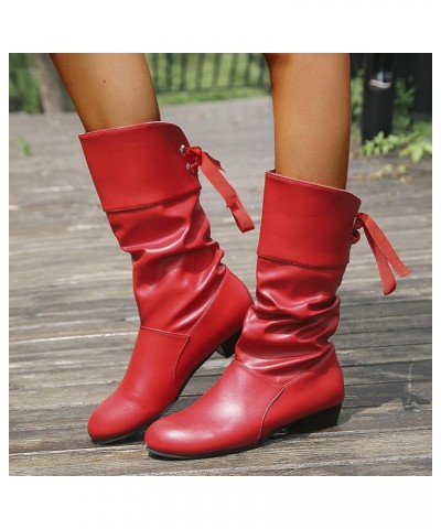 Knee High Boots Women Tie Bow Thick Mid Up Heel Pleated Back Heeled Short Booties Lace up Waterproof Winter A Red $19.88 Boots