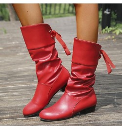 Knee High Boots Women Tie Bow Thick Mid Up Heel Pleated Back Heeled Short Booties Lace up Waterproof Winter A Red $19.88 Boots