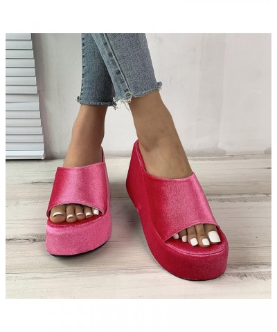 Women's Cork Shoes Ladies Fashion Summer Solid Color Suede Open Toe Thick Sole Slope Heel Slippers (Hot Pink, 6.5) Hot Pink 7...