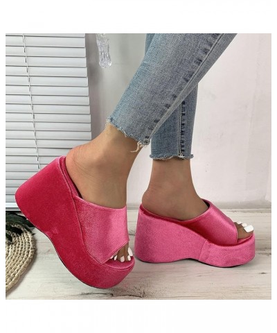 Women's Cork Shoes Ladies Fashion Summer Solid Color Suede Open Toe Thick Sole Slope Heel Slippers (Hot Pink, 6.5) Hot Pink 7...