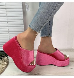 Women's Cork Shoes Ladies Fashion Summer Solid Color Suede Open Toe Thick Sole Slope Heel Slippers (Hot Pink, 6.5) Hot Pink 7...