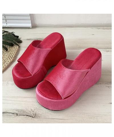 Women's Cork Shoes Ladies Fashion Summer Solid Color Suede Open Toe Thick Sole Slope Heel Slippers (Hot Pink, 6.5) Hot Pink 7...