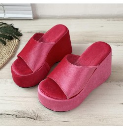 Women's Cork Shoes Ladies Fashion Summer Solid Color Suede Open Toe Thick Sole Slope Heel Slippers (Hot Pink, 6.5) Hot Pink 7...