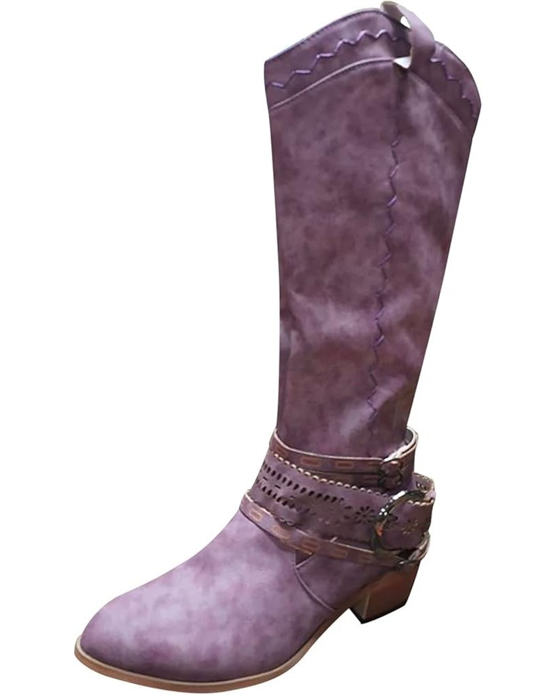 Ankle Boots for women Low Heel V Cut Casual Slip-On Short Chunky Stacked Heel Perforated Western Booties Cutout Shoes Purple-...