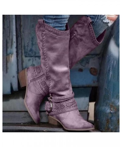 Ankle Boots for women Low Heel V Cut Casual Slip-On Short Chunky Stacked Heel Perforated Western Booties Cutout Shoes Purple-...