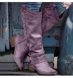 Ankle Boots for women Low Heel V Cut Casual Slip-On Short Chunky Stacked Heel Perforated Western Booties Cutout Shoes Purple-...