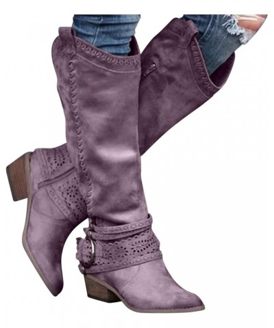 Ankle Boots for women Low Heel V Cut Casual Slip-On Short Chunky Stacked Heel Perforated Western Booties Cutout Shoes Purple-...