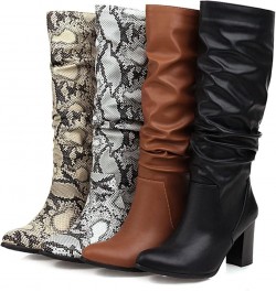 2022 Women's Autumn and Winter New Solid and Snake Print Small Round Head High Heel Medium Boots Over The Knee Boots Wide Cal...