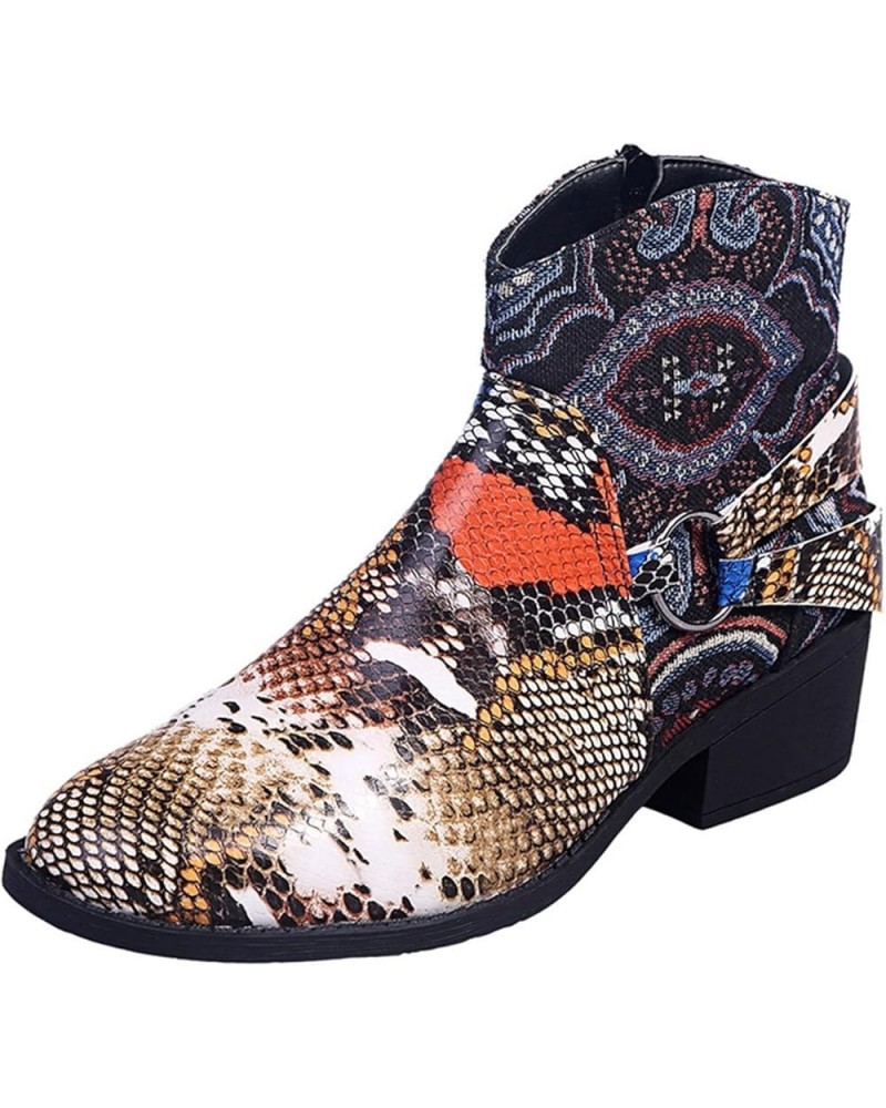 Women Pattern Suqare Heels Zipper Embroidery Short Booties Round Toe Shoes Womens Heeled Boots Flowers Yellow $18.39 Boots