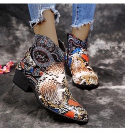 Women Pattern Suqare Heels Zipper Embroidery Short Booties Round Toe Shoes Womens Heeled Boots Flowers Yellow $18.39 Boots