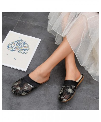 Ladies Fashion Breathable Mesh Flower Embroidery Flat Bottom Slippers No Slide Headbands for Women Black $13.53 Slippers