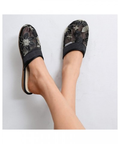 Ladies Fashion Breathable Mesh Flower Embroidery Flat Bottom Slippers No Slide Headbands for Women Black $13.53 Slippers