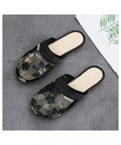 Ladies Fashion Breathable Mesh Flower Embroidery Flat Bottom Slippers No Slide Headbands for Women Black $13.53 Slippers