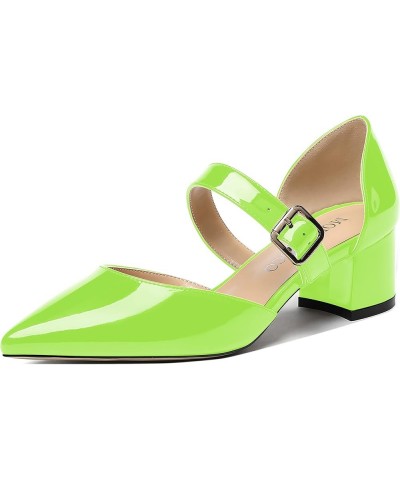 Women's Adjustable Strap Block Buckle Solid Patent Pointed Toe Chunky Low Heel Pumps Shoes 2 Inch Lime Green $34.56 Pumps