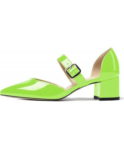 Women's Adjustable Strap Block Buckle Solid Patent Pointed Toe Chunky Low Heel Pumps Shoes 2 Inch Lime Green $34.56 Pumps