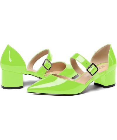 Women's Adjustable Strap Block Buckle Solid Patent Pointed Toe Chunky Low Heel Pumps Shoes 2 Inch Lime Green $34.56 Pumps