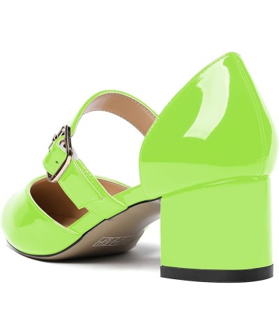 Women's Adjustable Strap Block Buckle Solid Patent Pointed Toe Chunky Low Heel Pumps Shoes 2 Inch Lime Green $34.56 Pumps