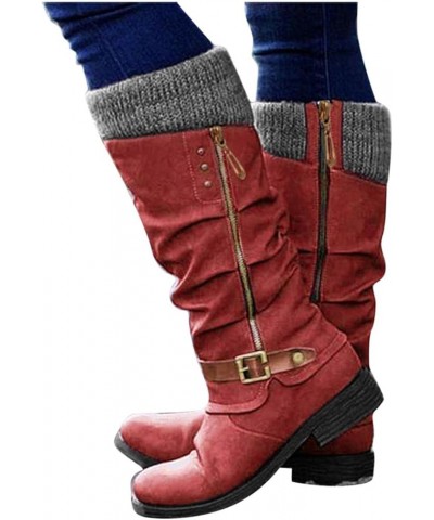 Cowboy Boots for Women Black Low Chunky Heel Faux Leather Winter Snow Riding Booties Slouchy Mid Calf Boots Y01-red $10.11 Ou...