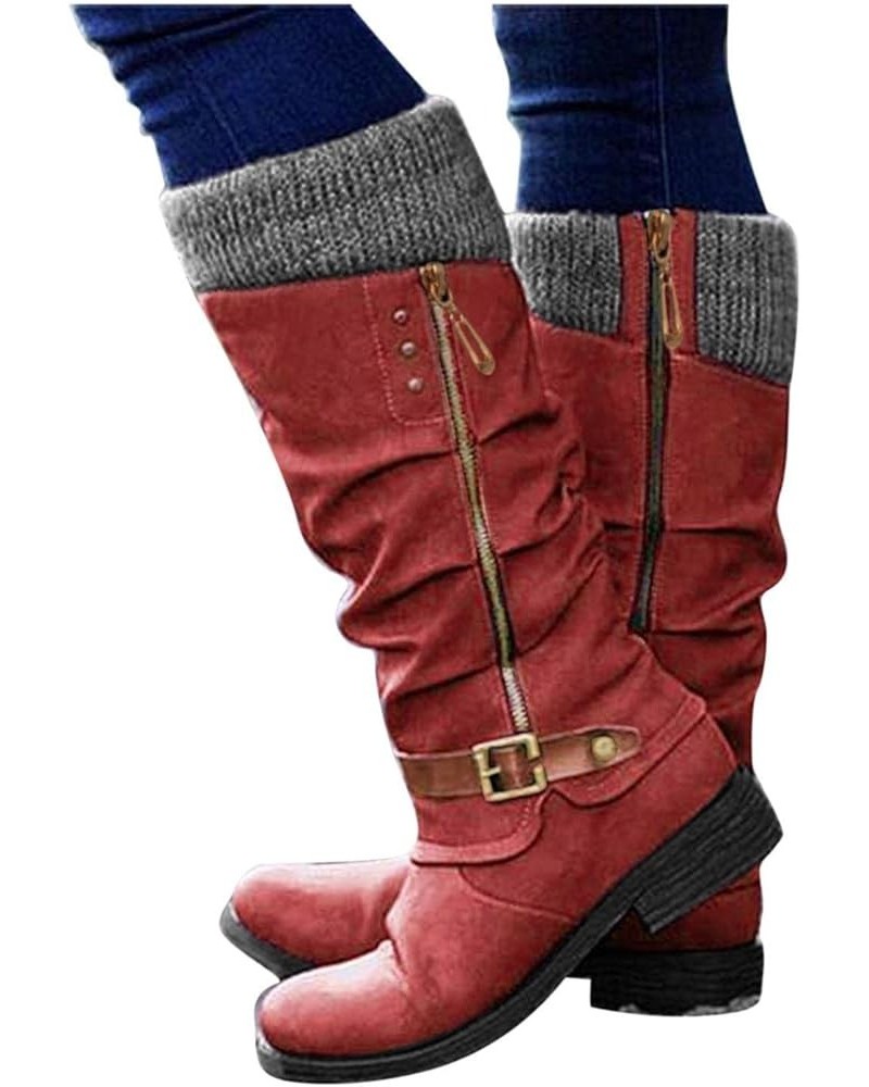 Cowboy Boots for Women Black Low Chunky Heel Faux Leather Winter Snow Riding Booties Slouchy Mid Calf Boots Y01-red $10.11 Ou...