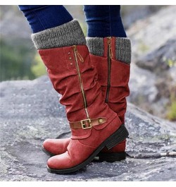 Cowboy Boots for Women Black Low Chunky Heel Faux Leather Winter Snow Riding Booties Slouchy Mid Calf Boots Y01-red $10.11 Ou...