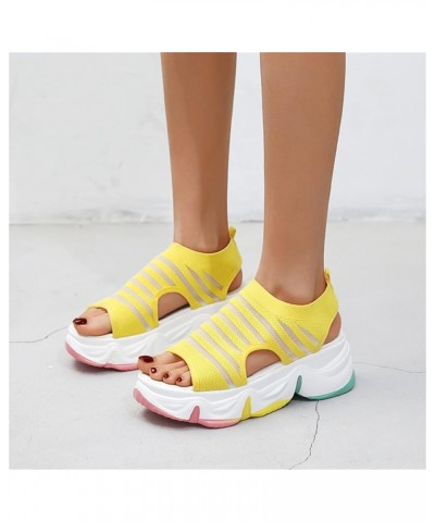 Ladies Fashion Color Blocking Breathable Knitted Open Toe Thick Beach Sandals Summer Sandals for Women Flat (Yellow, 6.5) Yel...