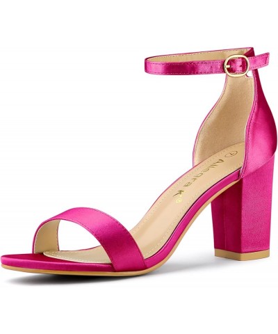 Women's Satin Open Toe Ankle Strap Chunky Heels Sandals Hot Pink $25.84 Sandals