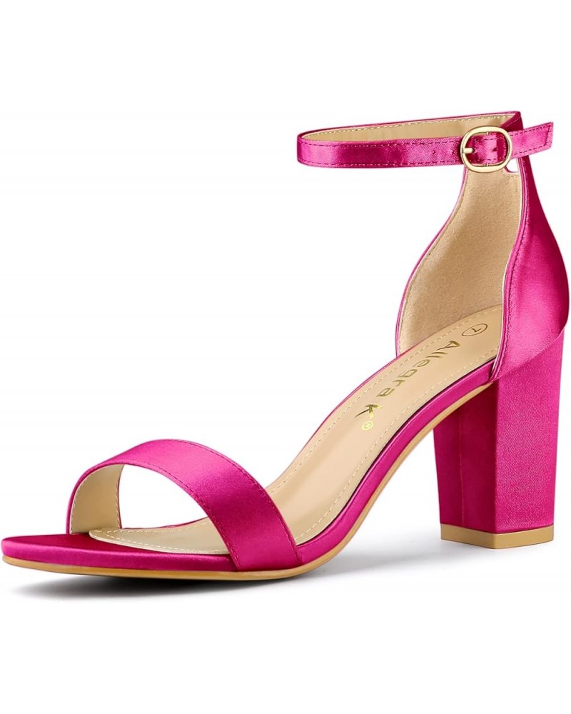 Women's Satin Open Toe Ankle Strap Chunky Heels Sandals Hot Pink $25.84 Sandals