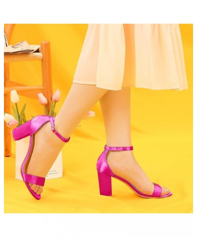 Women's Satin Open Toe Ankle Strap Chunky Heels Sandals Hot Pink $25.84 Sandals